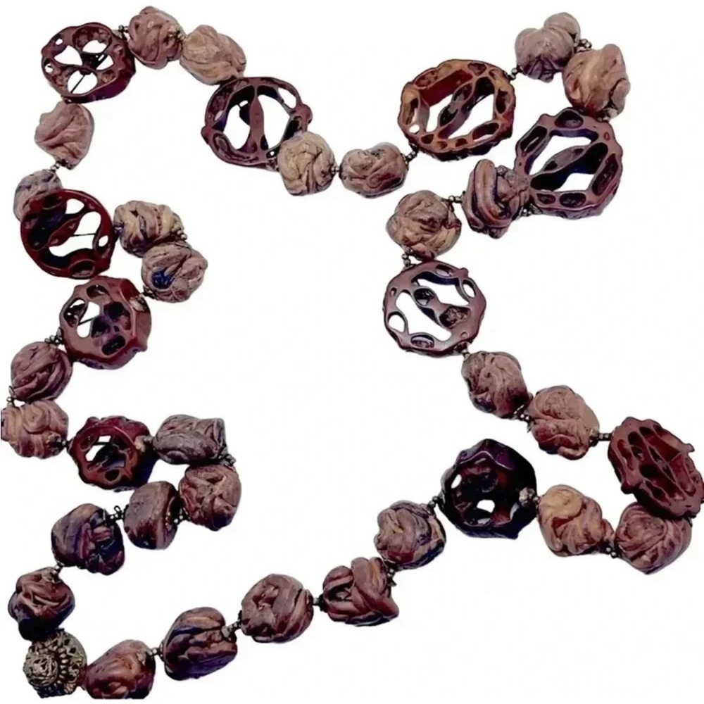 Vintage Miriam Haskell Organic Clay + Shell Walnut Nut Bead Necklace